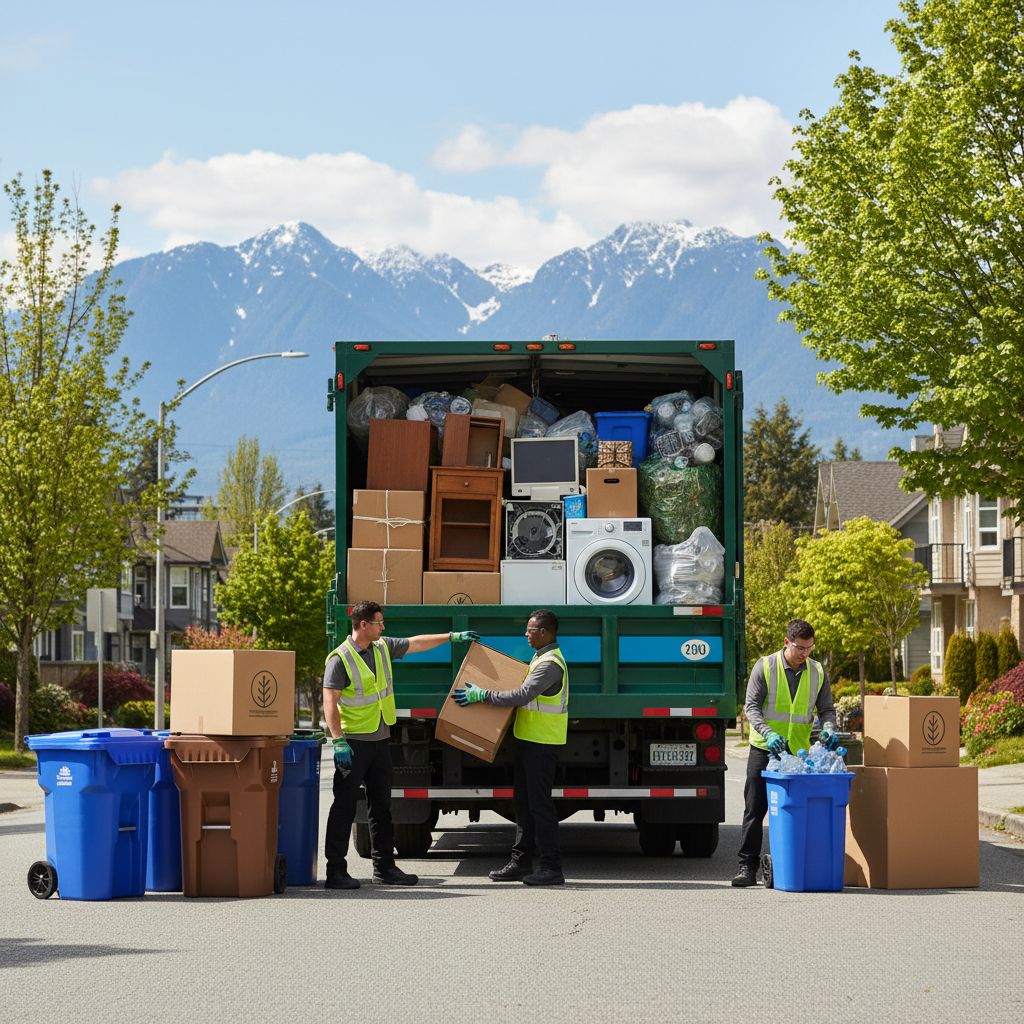 Eco-friendly junk removal team sorting recyclables and reusables beside truck in Vancouver neighborhood, emphasizing sustainability with recycling bins and donation boxes under clear skies.