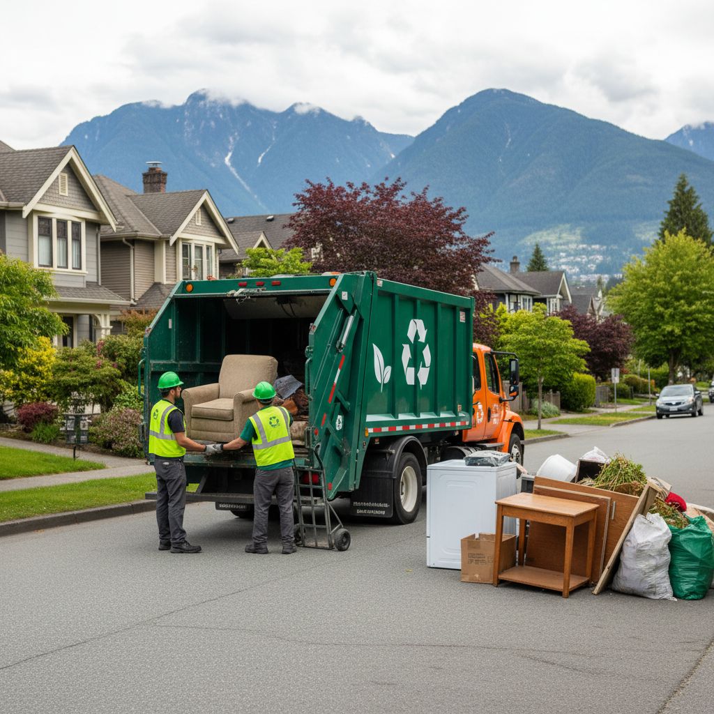 Professional photo of eco-friendly junk removal truck and workers loading furniture on a Vancouver residential street with mountains in background, conveying reliability and sustainability.