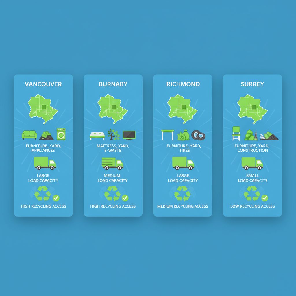 Infographic comparing junk removal options and recycling access in Vancouver, Burnaby, Richmond, and Surrey municipalities