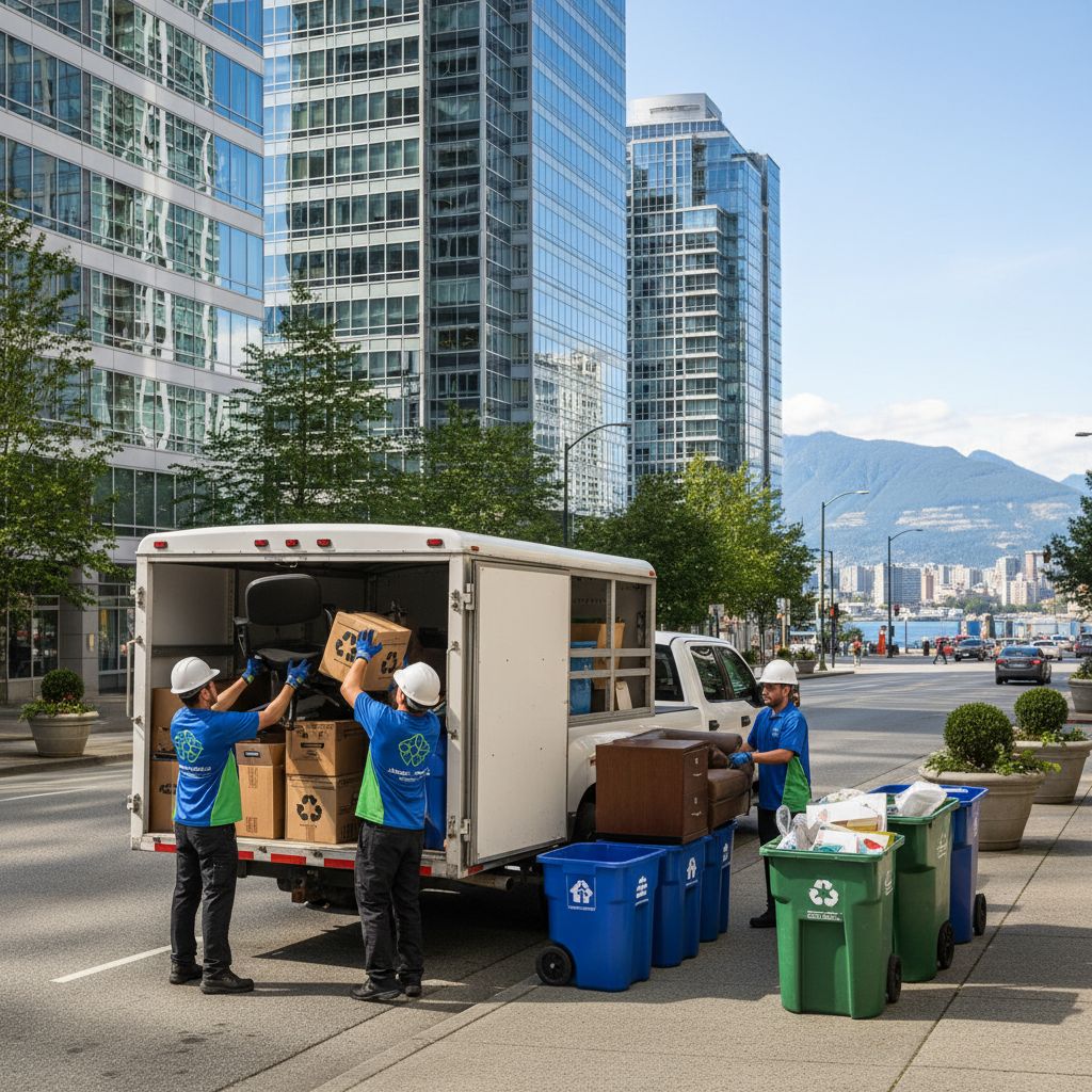 Professional team loading office furniture and debris onto truck for eco-friendly junk removal in Vancouver business district.