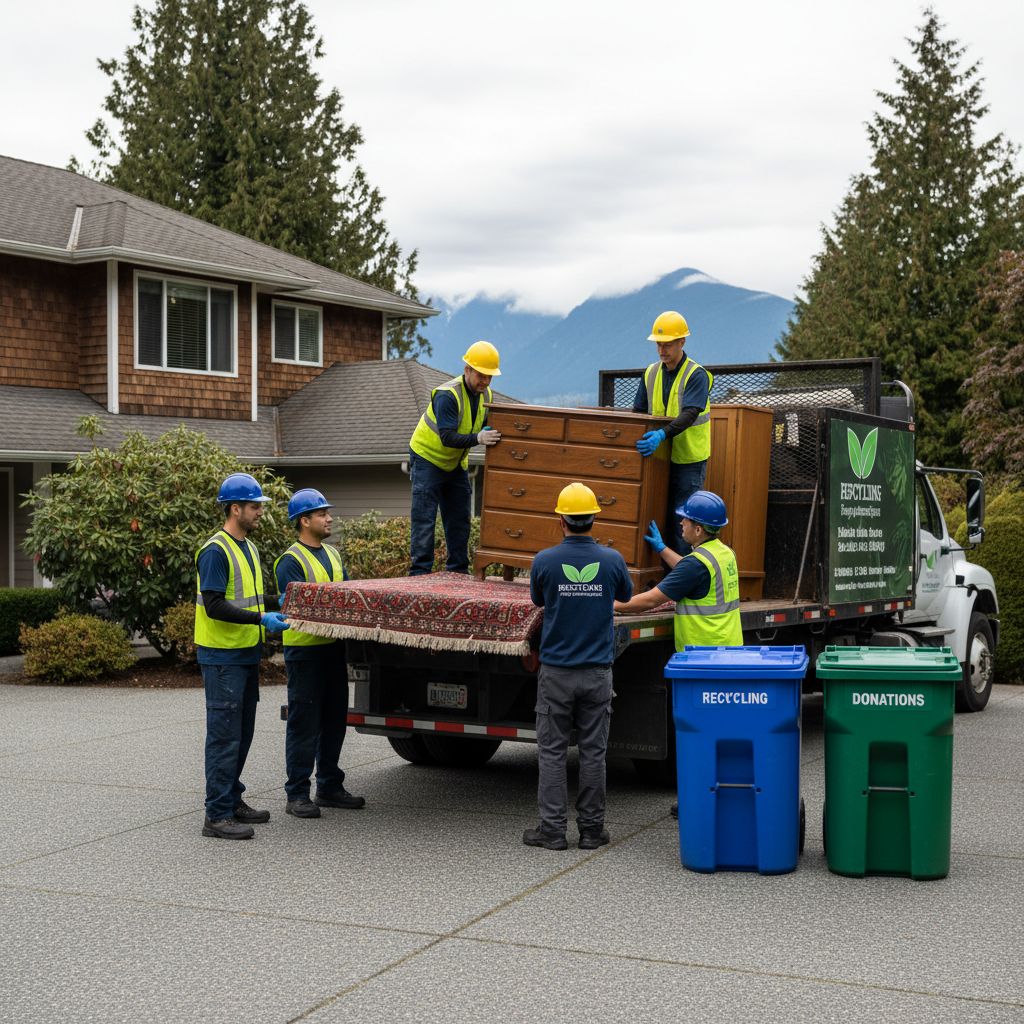 Compassionate junk removal team loading furniture from Vancouver home onto truck with eco-bins, emphasizing care and organization.