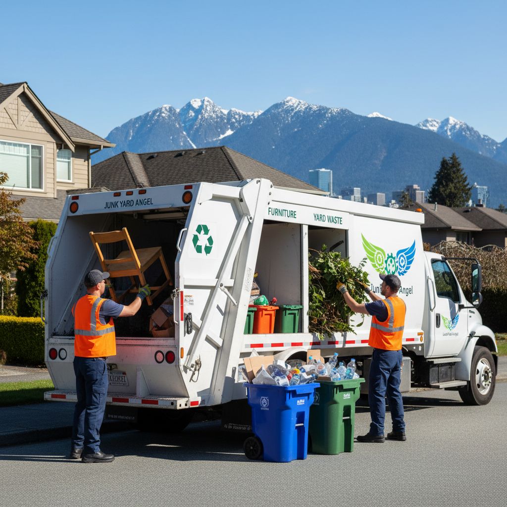 Professional team loading sorted junk into truck on Vancouver street, highlighting eco-friendly removal services.