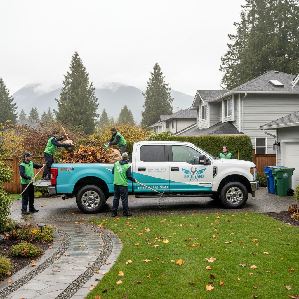 Professional crew loading yard waste into branded truck in Vancouver backyard, misty autumn scene with evergreens and suburban home.