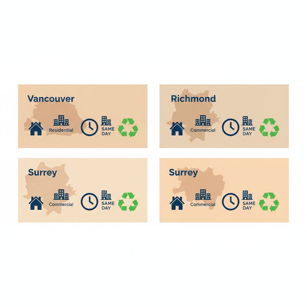 Infographic illustrating waste removal services coverage in Greater Vancouver areas including Vancouver, Richmond, Surrey, and Burnaby with icons for residential, commercial, same-day, and recycling features.