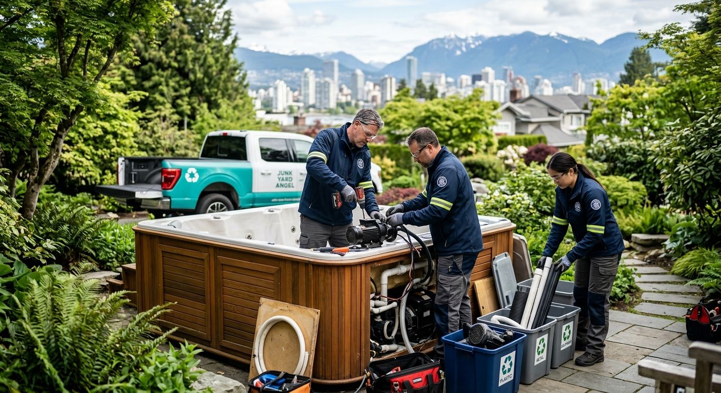 Experienced Junk Yard Angel team in branded uniforms and safety gear disassembling old hot tub in Vancouver backyard for eco-friendly disposal.