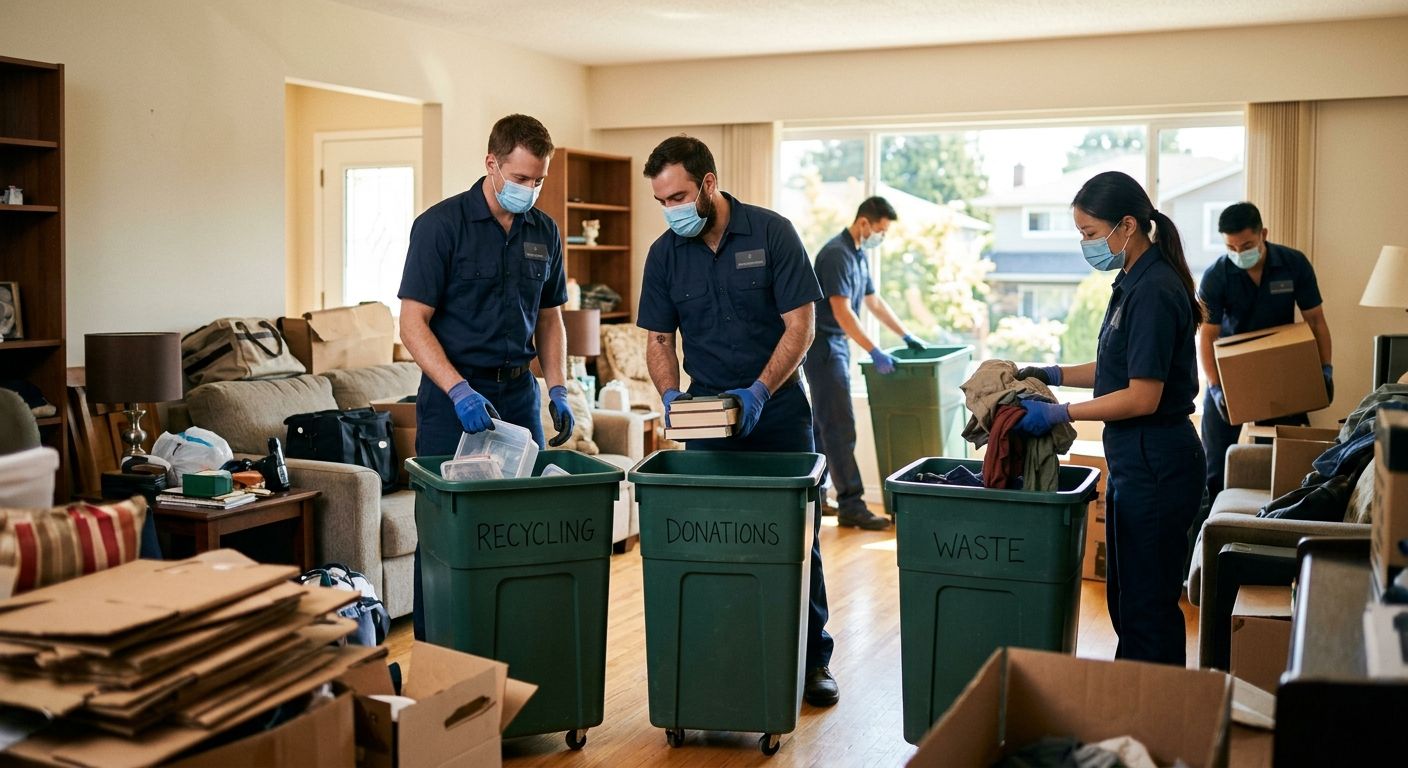 Compassionate junk removal team in branded uniforms sorting recyclables and waste during hoarding cleanup in a bright Vancouver home living room with green bins and natural light.