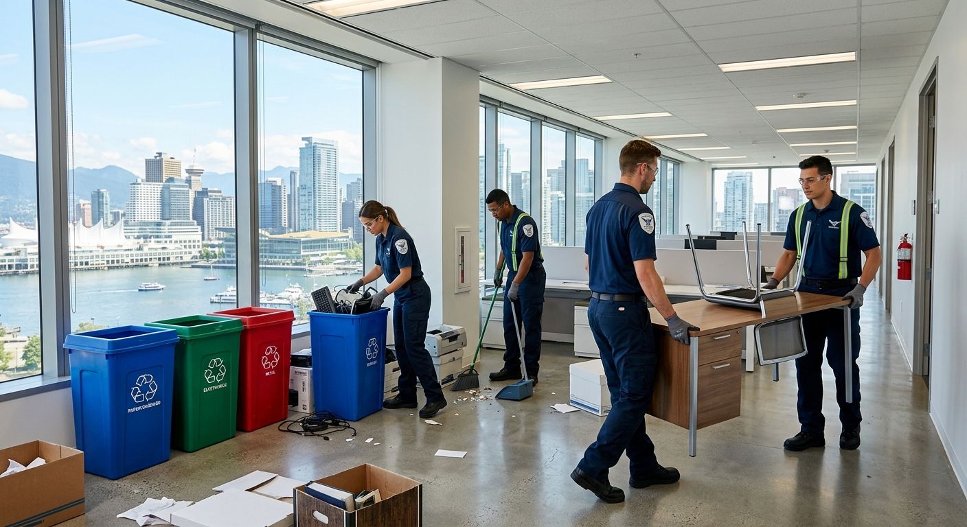 Professional junk removal team performing efficient office cleanout in modern Vancouver commercial space, sorting items for recycling with downtown skyline view.