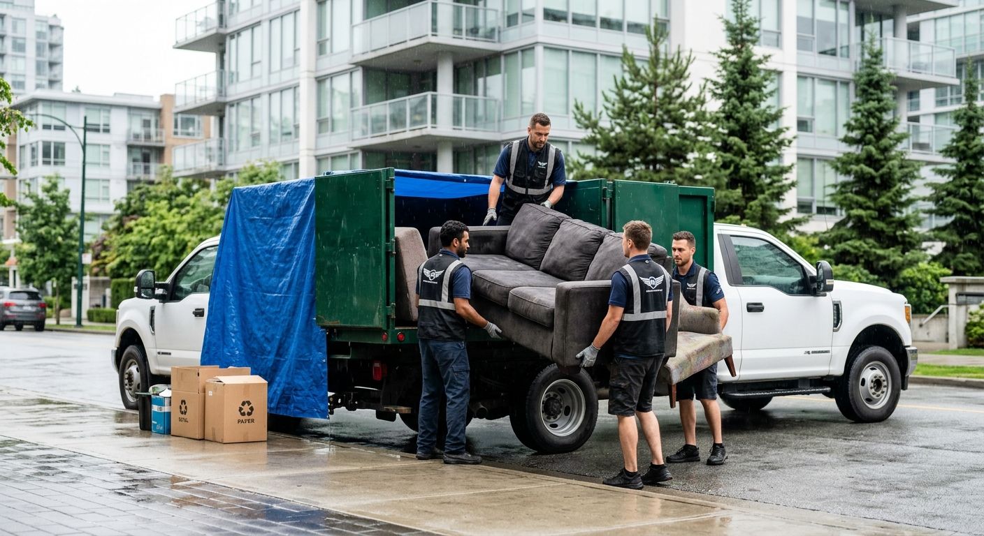 Junk Yard Angel team loading old furniture onto eco-friendly truck in Vancouver neighborhood