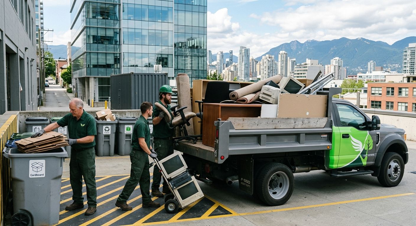 Professional Junk Yard Angel team in uniforms loading office junk into eco-friendly truck in Vancouver, sorting for recycling, cityscape background.