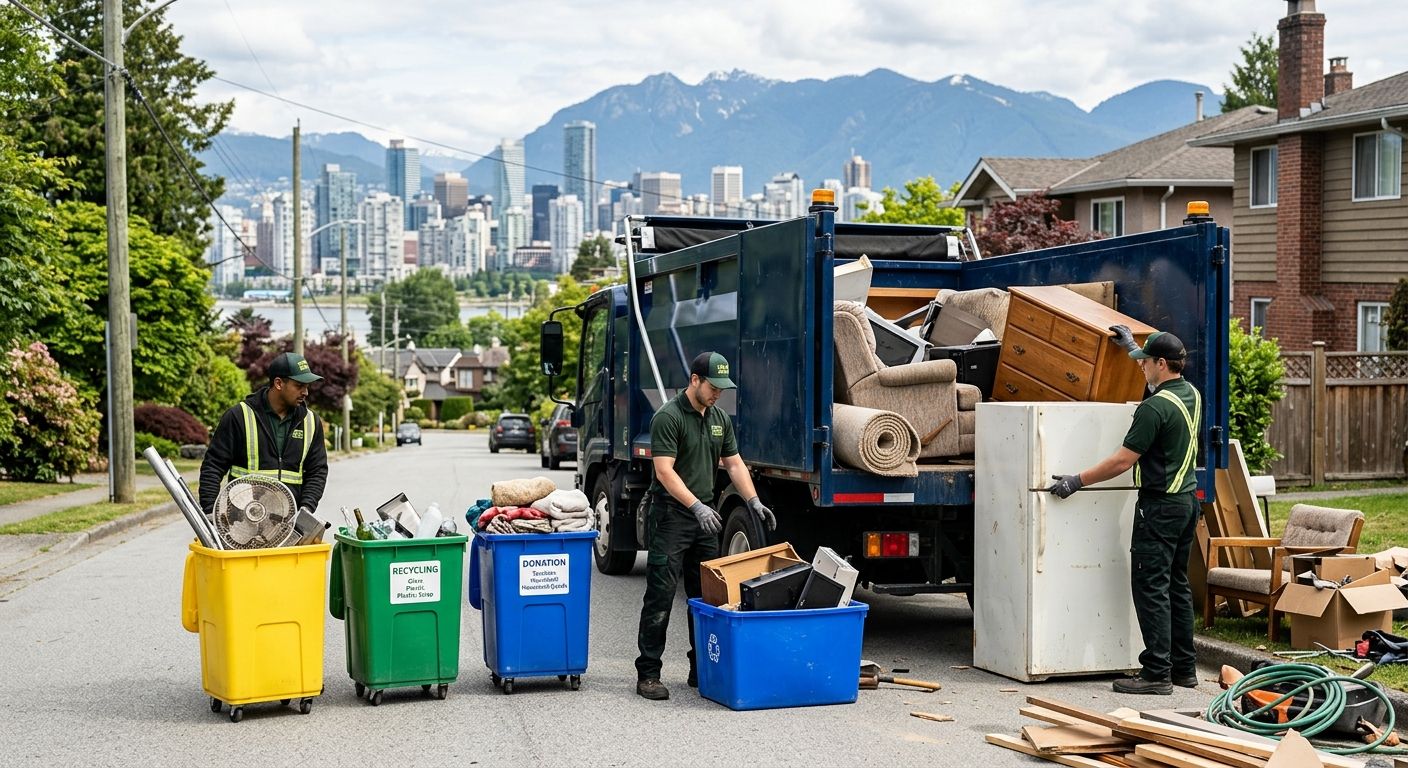 Professional photo of junk removal team loading eco-friendly truck with furniture and debris in Vancouver neighbourhood, sorting for recycling.