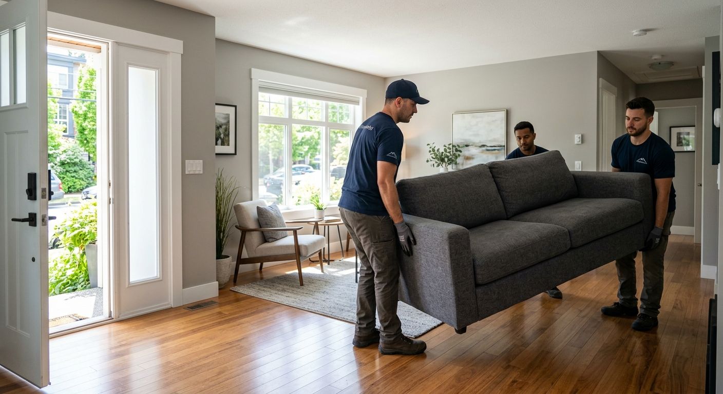 Professional junk removal team carefully lifting a large sofa in a bright Vancouver living room, demonstrating careful handling and reliable service.