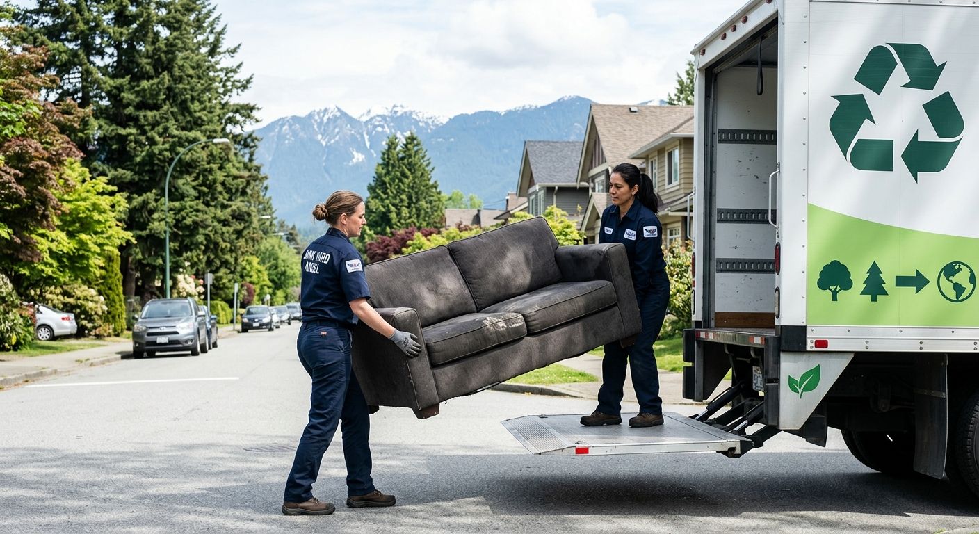 Professional Junk Yard Angel team members loading couch onto eco-friendly truck on Vancouver residential street, emphasizing sustainable junk removal.