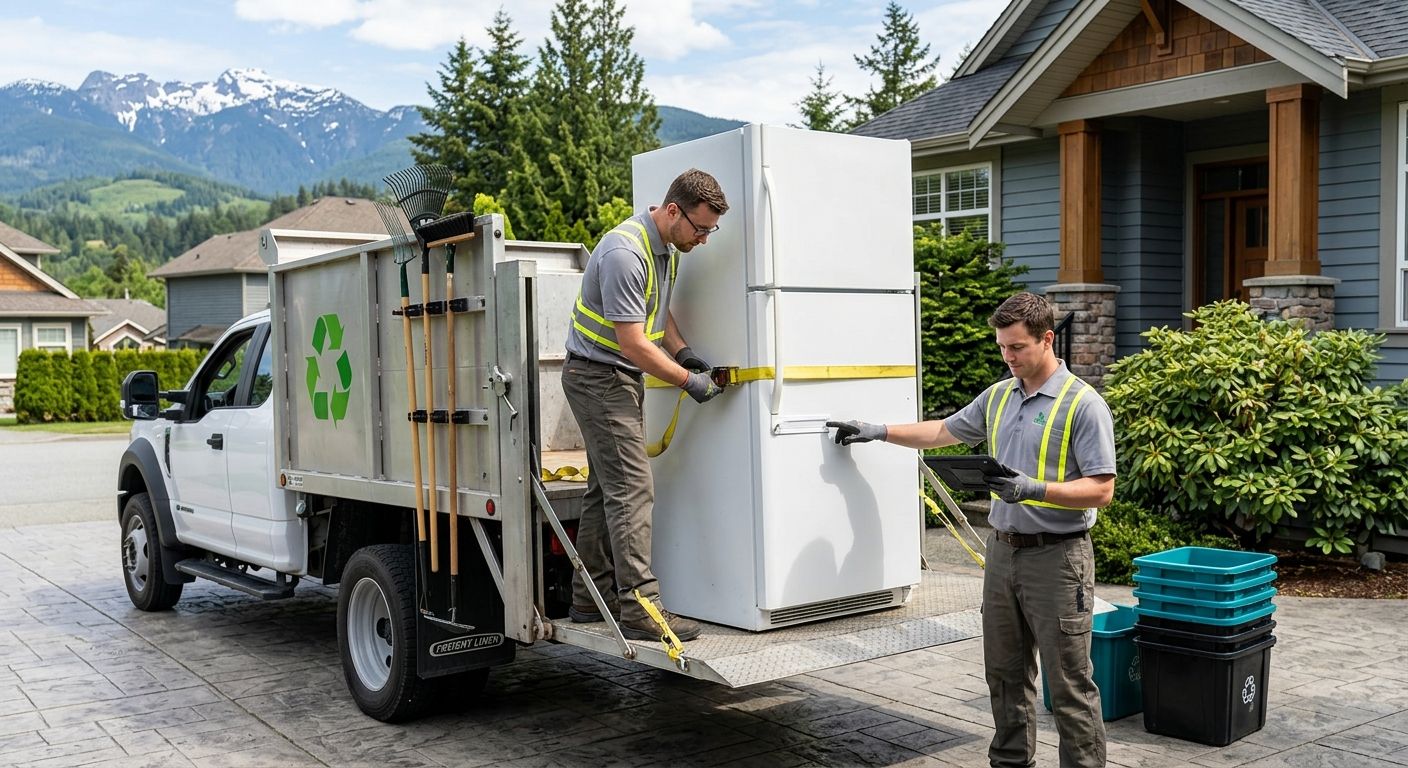 Two Junk Yard Angel team members in uniforms loading large refrigerator onto eco-friendly truck in Vancouver residential driveway, mountains and recycling bins in background.