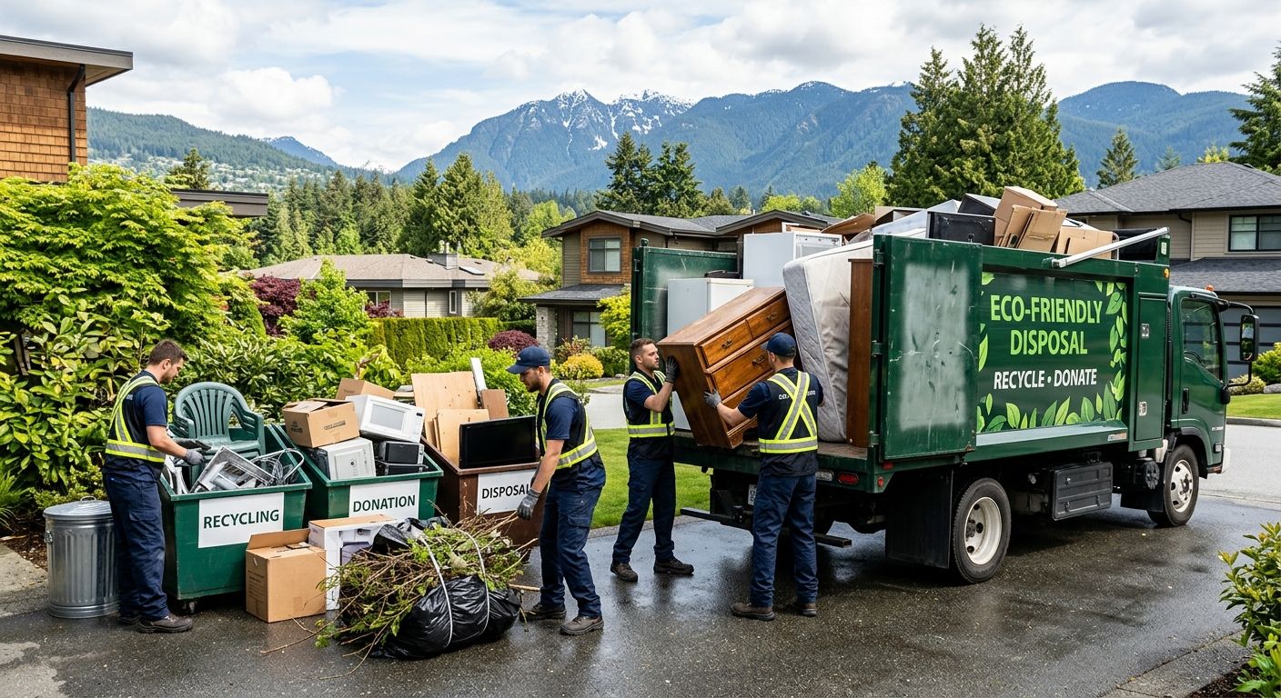 Professional junk removal team loading household junk into eco-friendly truck in Vancouver driveway, sorting for recycling with green mountains in background