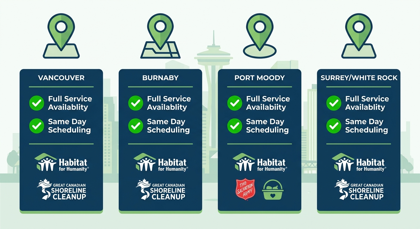 Infographic comparing couch removal services availability in Vancouver, Burnaby, Port Moody, and Surrey/White Rock areas