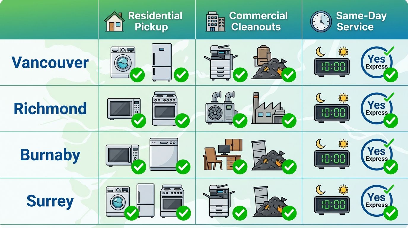 Infographic table showing Junk Yard Angel appliance removal availability in Metro Vancouver areas including residential pickups, commercial cleanouts, and same-day services.