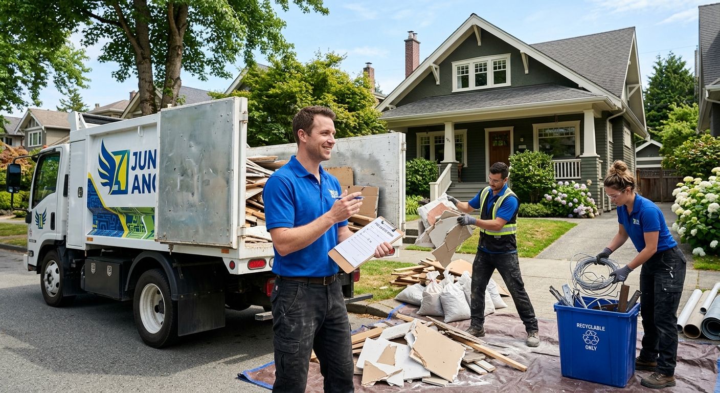 Junk Yard Angel crew in branded blue shirts loading renovation debris into a truck in front of a Vancouver character home, with one member holding a clipboard and another sorting recyclable metal into a blue bin.