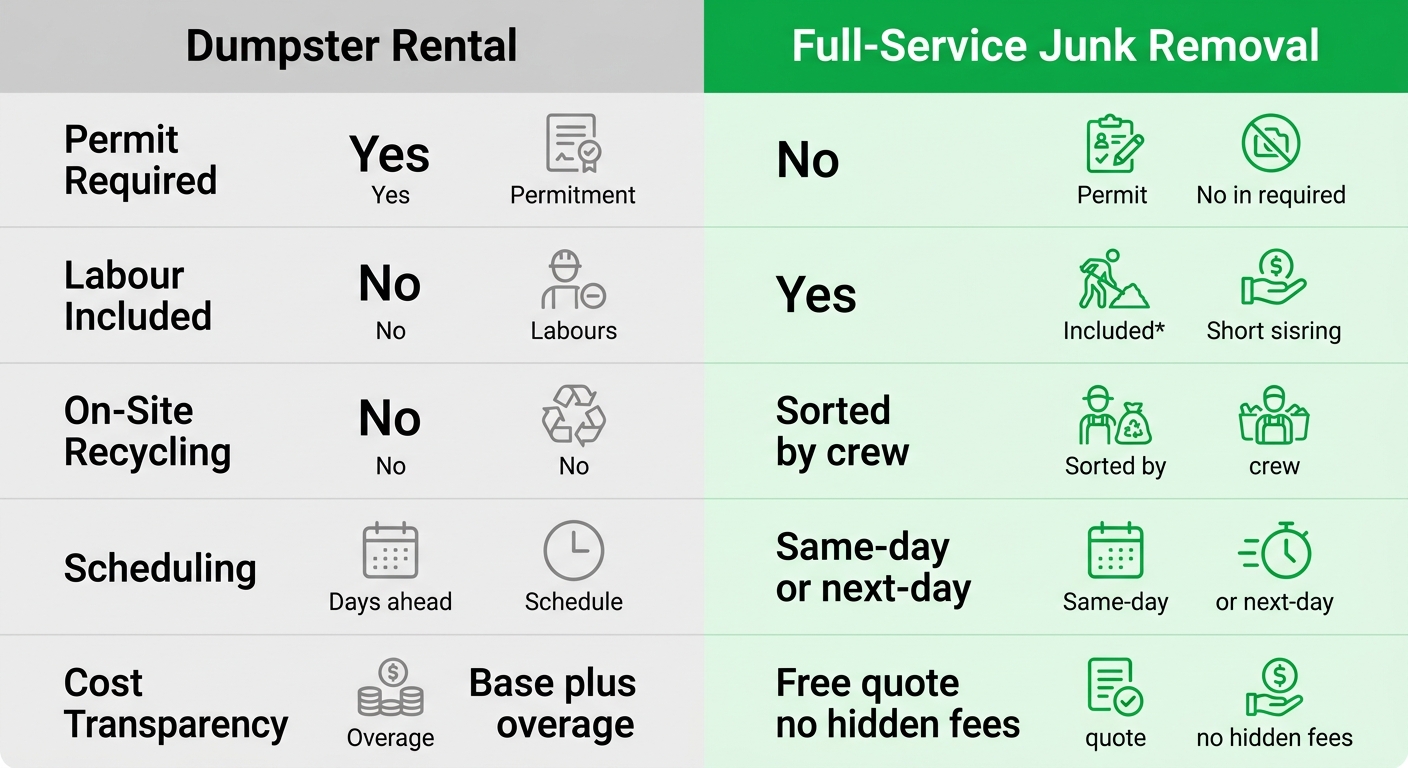 Two-column comparison infographic contrasting dumpster rental and full-service junk removal for Vancouver renovation debris removal.