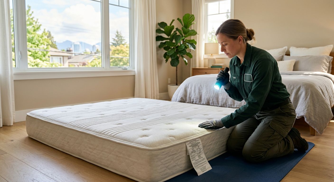 Inspector in green uniform checks mattress for donation in bright Vancouver bedroom