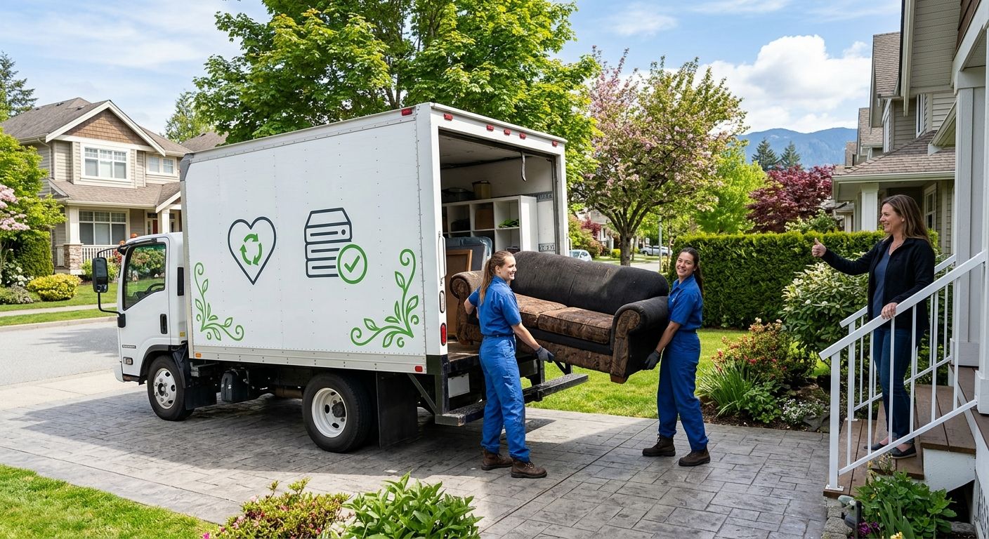 Two professional junk removal workers in blue uniforms loading a sofa into a white truck in a Vancouver driveway while a satisfied homeowner gives a thumbs-up