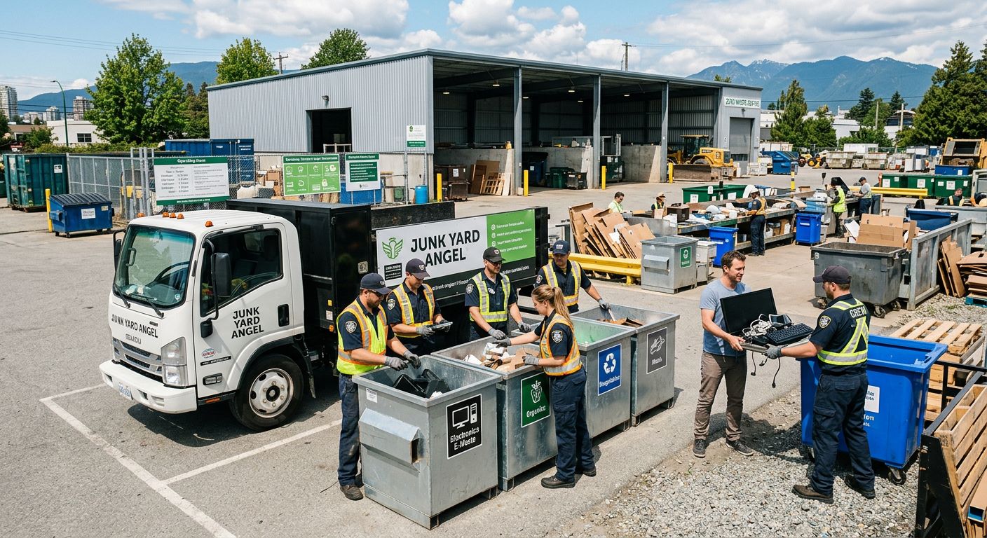 Exterior of Vancouver Zero Waste Centre with Junk Yard Angel truck and crew sorting items with resident handing over electronics