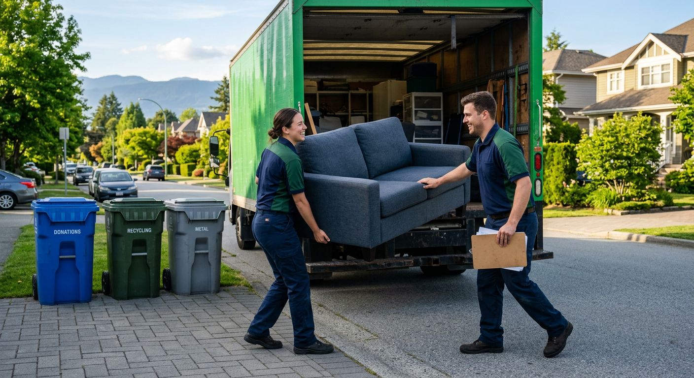 Two Junk Yard Angel crew members in navy and green uniforms loading a sofa into a bright green cargo truck on a Richmond residential street, with recycling bins and clipboard visible