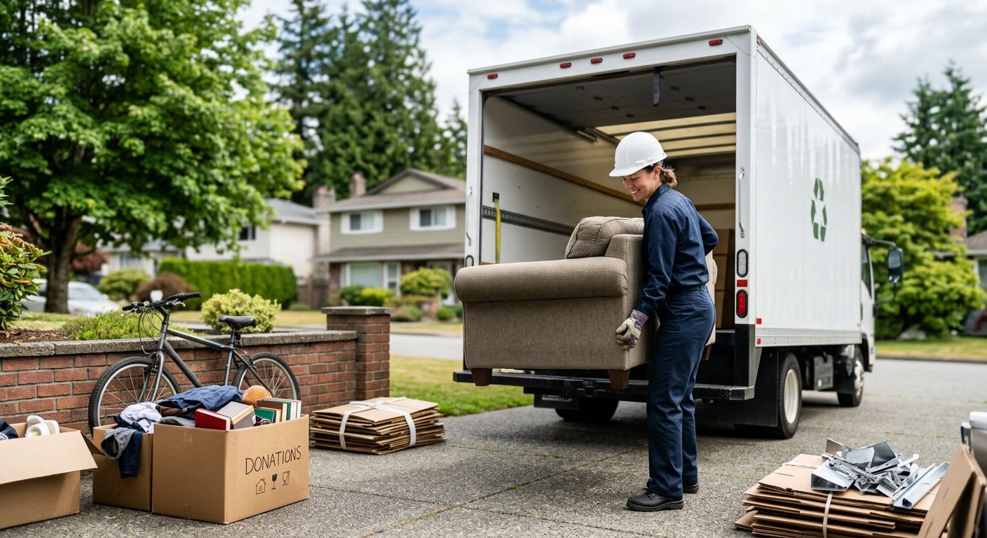 Professional junk removal worker in blue uniform loading reusable sofa into white truck in Vancouver driveway with donation boxes and recycling piles