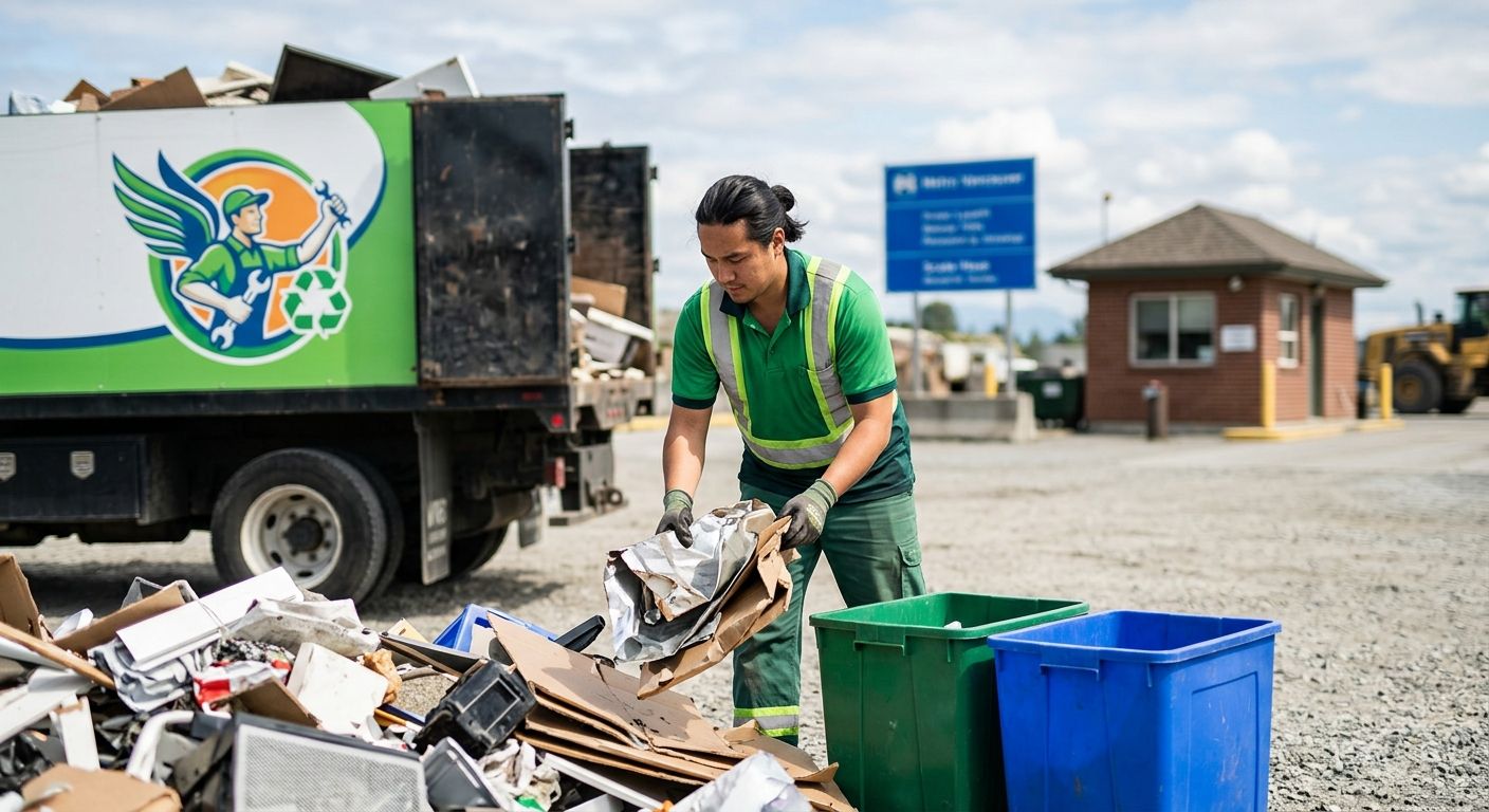 Junkyard Angel team member in green uniform sorting recyclables from a loaded junk removal truck at Vancouver Landfill in Delta