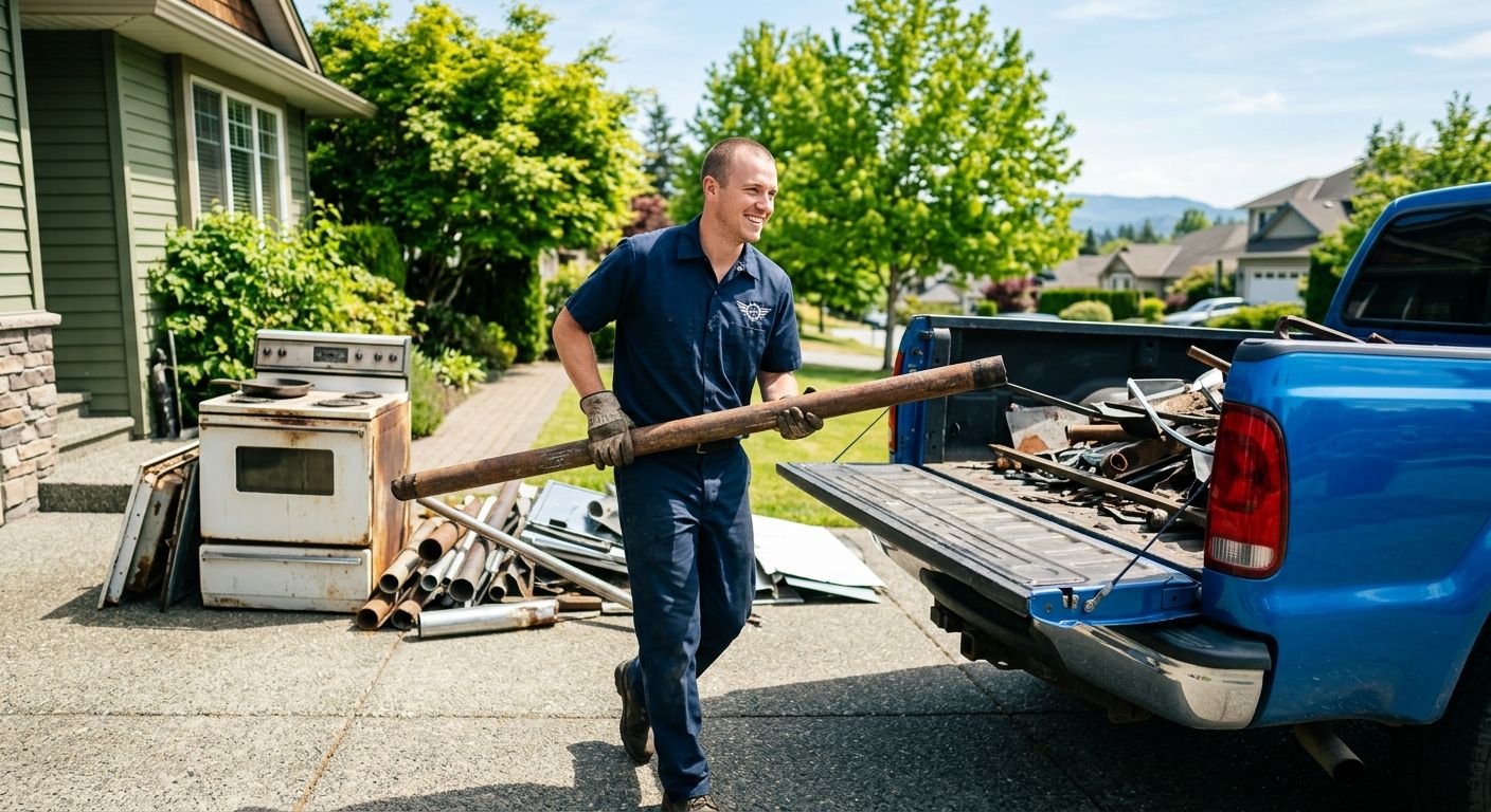 Junk removal worker loading scrap metal into blue truck in Vancouver driveway on sunny day.