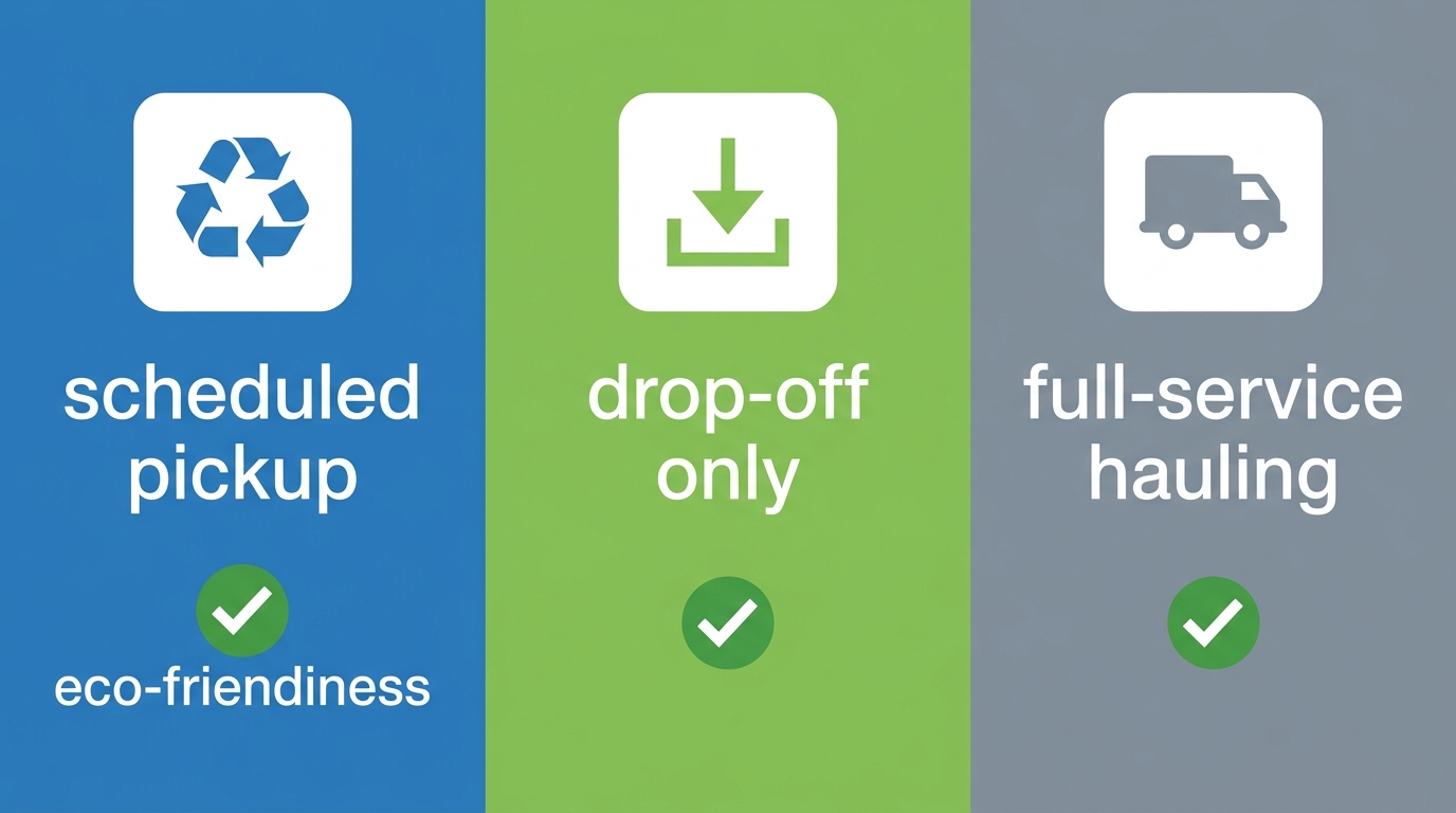 Comparison of three scrap metal removal options in Vancouver: free private pickup, city transfer station drop-off, and paid private hauler, each with eco-friendliness indicator.