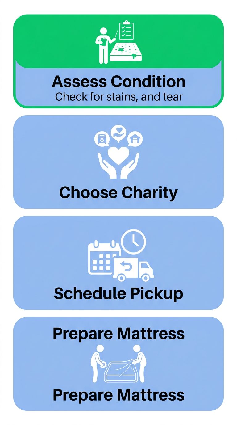 Vertical process flow showing four steps for mattress donation: assess condition, choose charity, schedule pickup or drop-off, and prepare your mattress.