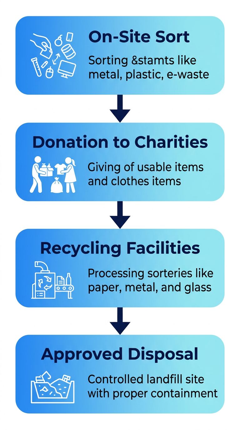 Vertical process flow diagram showing the four stages of junk processing after professional pickup in Vancouver: on-site sorting, donation to charities, recycling facilities, and approved disposal.