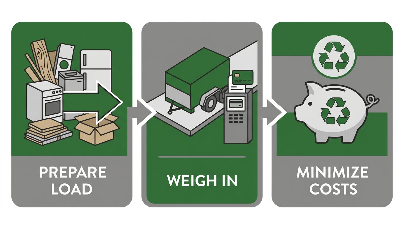 A three-step process flow diagram for Vancouver landfill drop-off, showing Prepare Your Load, Weigh In and Pay, and Minimize Costs stages.