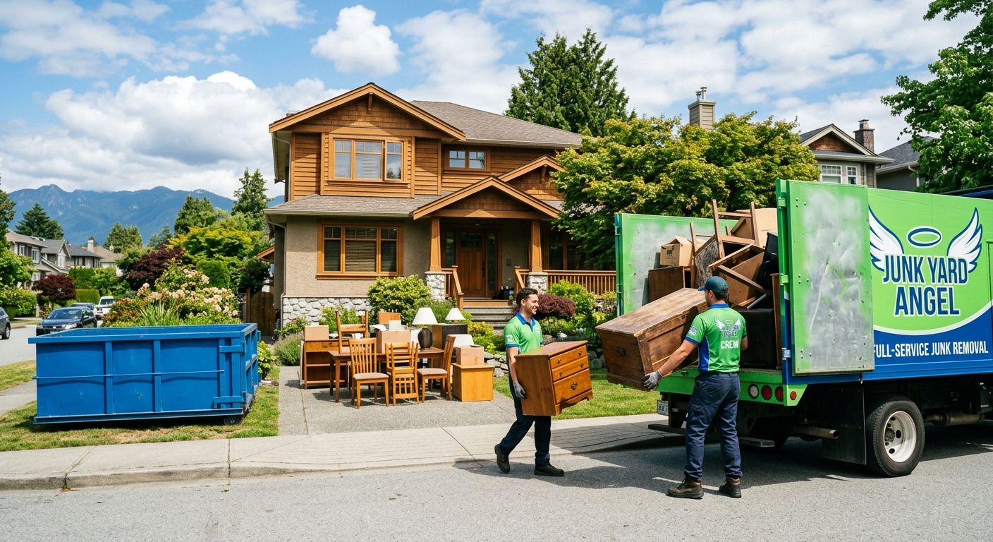 Junk Yard Angel crew loading furniture from a Vancouver home, contrasting with an empty blue dumpster on the street, warm sunny day