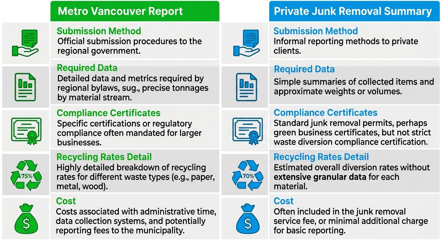 Comparison infographic showing Metro Vancouver Waste Diversion Report versus Private Junk Removal Summary with rows for submission method, required data, compliance certificates, recycling rates detail, and cost.