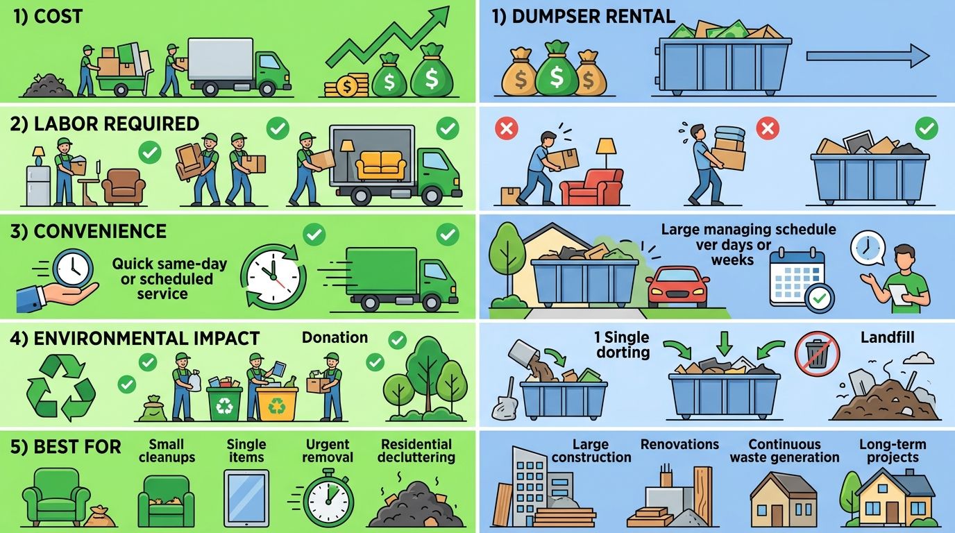Infographic comparing junk removal versus dumpster rental across five factors: cost, labor, convenience, environmental impact, and best use
