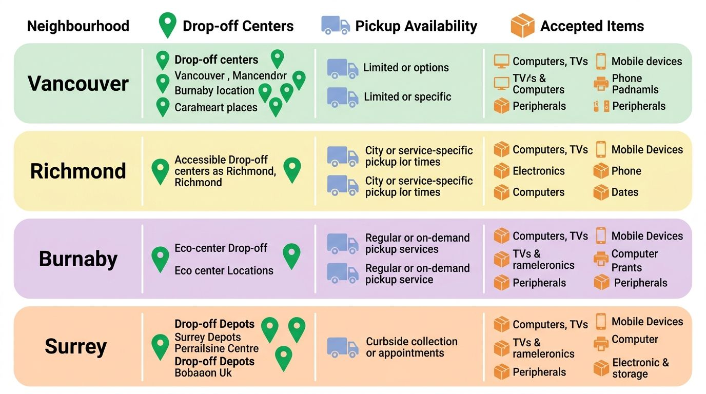 Comparison table of e-waste recycling options across Metro Vancouver neighborhoods with drop-off centers, pickup availability, and accepted items