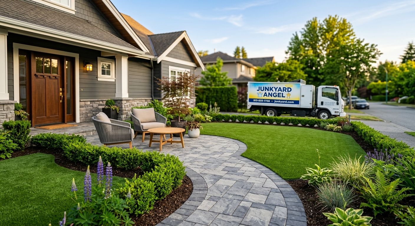 Curbside landscaping with hidden junk removal truck