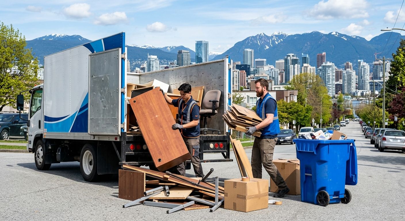 Two uniformed crew members loading furniture and boxes into a Junk Yard Angel truck on a sunlit Vancouver street, with a blue recycling bin and downtown skyline and North Shore mountains in background.