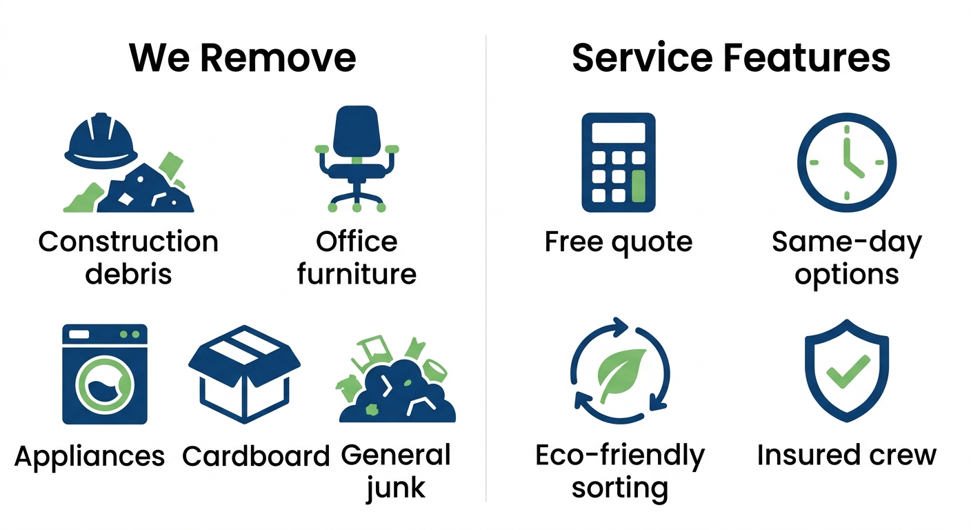 Infographic comparing junk removal items and service features for Junk Yard Angel commercial services.