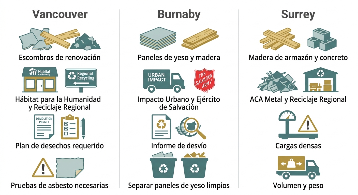 Infografía limpia y minimalista que compara las reglas de reciclaje de desechos de construcción en tres municipios del Lower Mainland, como Vancouver, Burnaby y Surrey