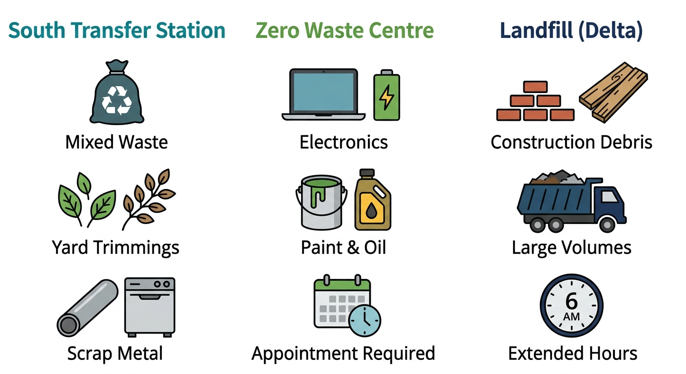 Comparison of Metro Vancouver transfer stations including South Transfer Station, Zero Waste Centre, and Landfill Delta
