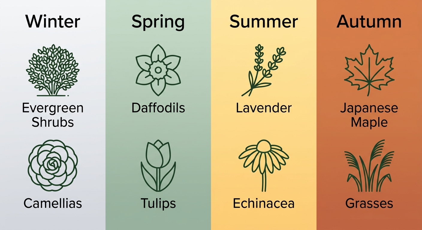 Infographic showing four seasonal panels for year-round garden color in British Columbia, featuring Winter Evergreen Shrubs and Camellias, Spring Daffodils and Tulips, Summer Lavender and Echinacea, Autumn Japanese Maple and Grasses.