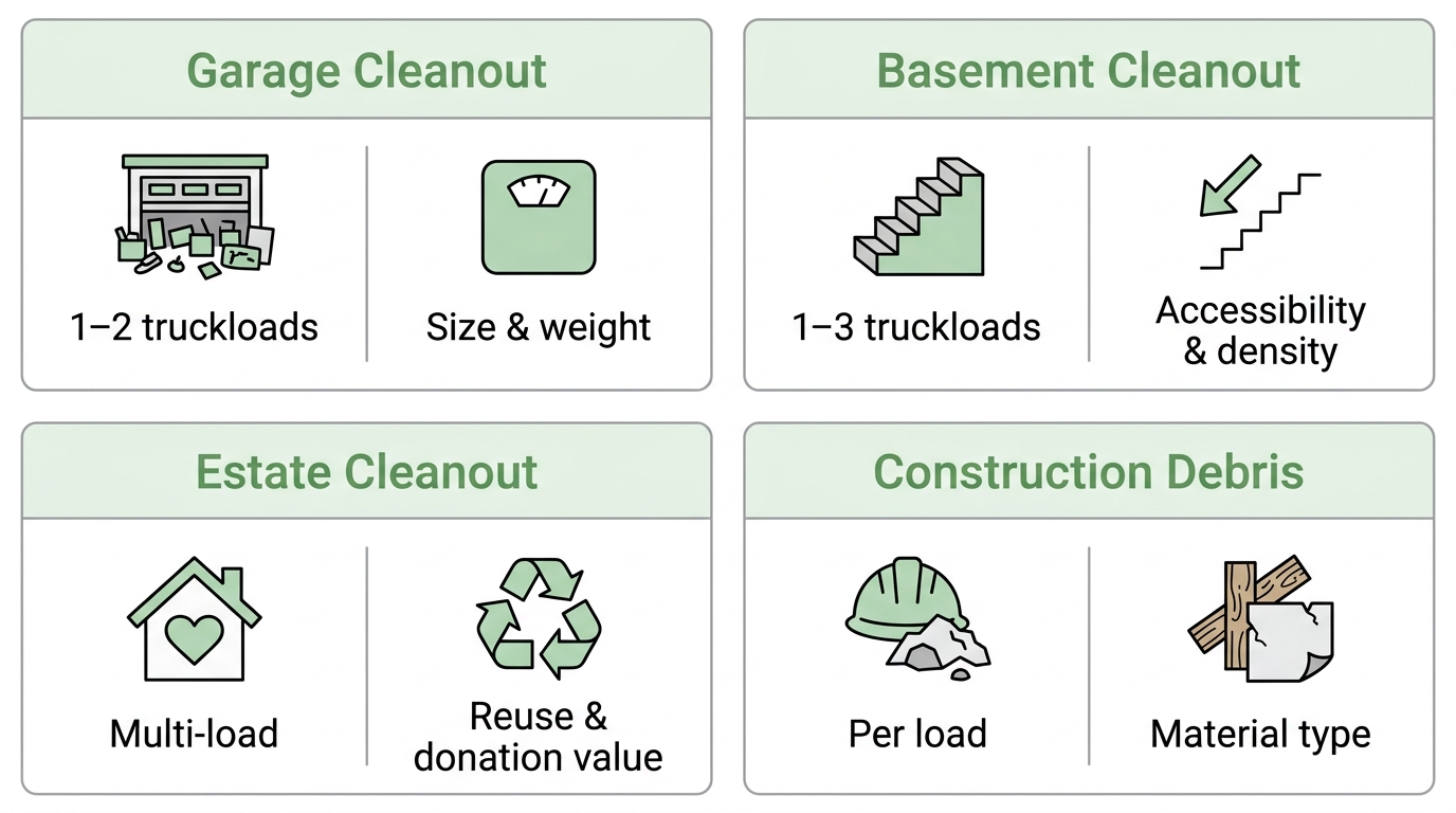 Infographic showing four cards for Garage Cleanout, Basement Cleanout, Estate Cleanout, and Construction Debris with labels on load sizes, weight, accessibility, donation value, and material type, using a soft green and white color palette with simple line icons.