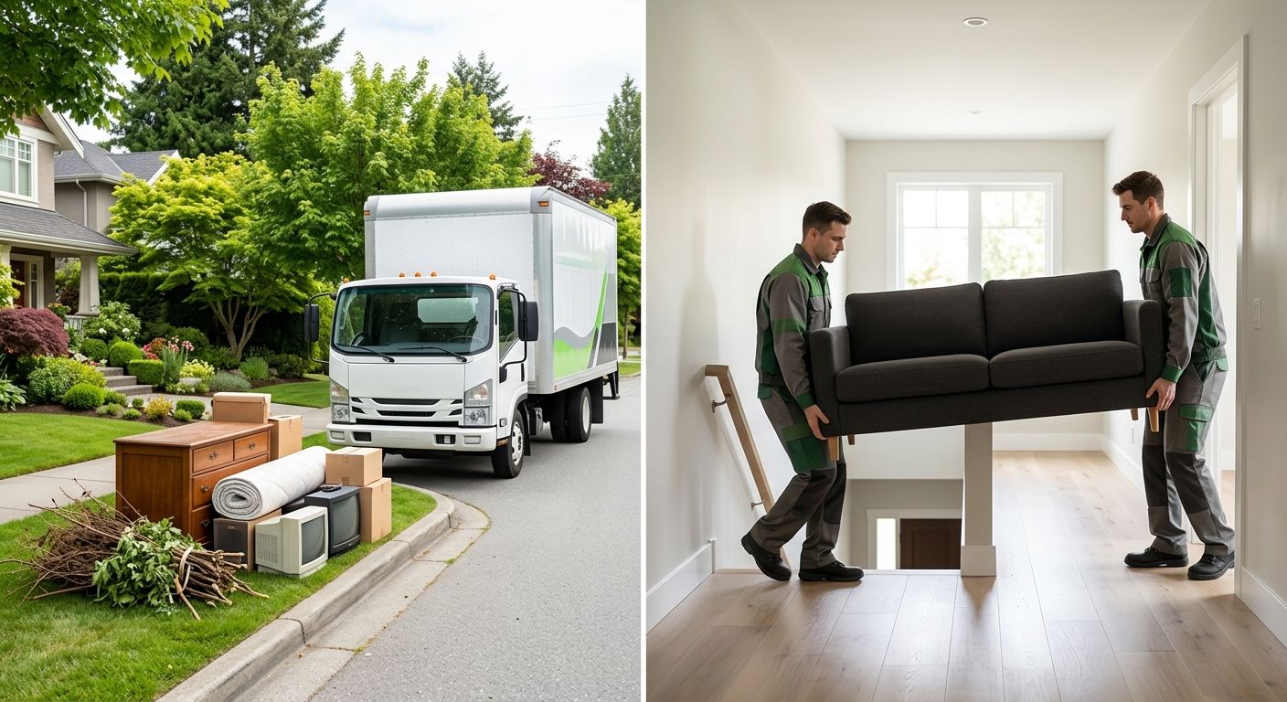 Two uniformed crew members carrying a sofa down a bright hallway while a white junk removal truck parks beside a neat curbside pile of old furniture in Vancouver