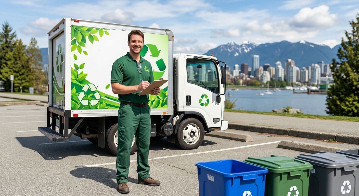 Professional photograph of a junk removal specialist in green uniform beside a white box truck with eco-friendly graphics, with Vancouver skyline and mountains in background, and recycling bins in foreground.