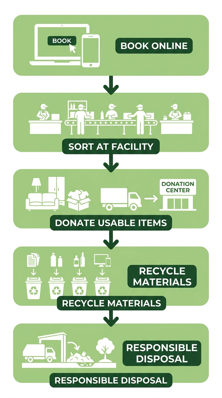 Vertical process flow diagram for eco-friendly junk removal showing five steps: booking online, sorting at facility, donating usable items, recycling materials, and responsible disposal with dark green arrows connecting soft green rounded rectangles.